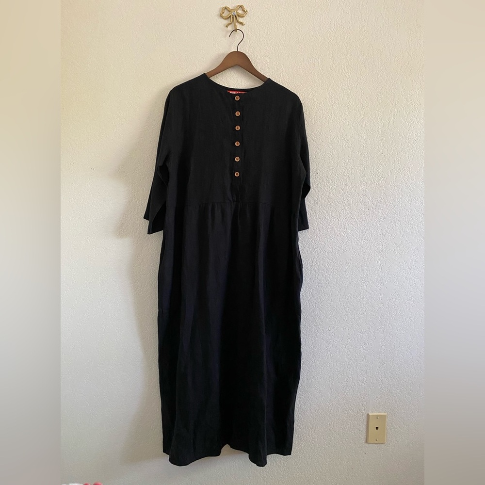 Pyne & Smith Size XL Linen Midi Dress 3/4 Sleeves Button Pockets Black